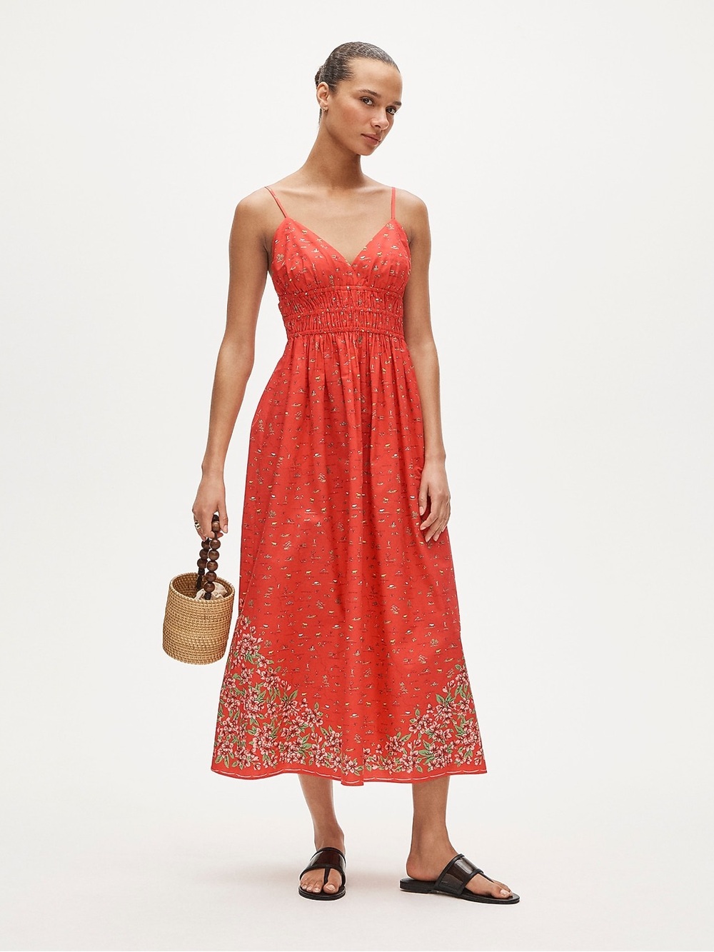 J. Crew Coral Pink Floral Midi Sundress with Smocked Bodice